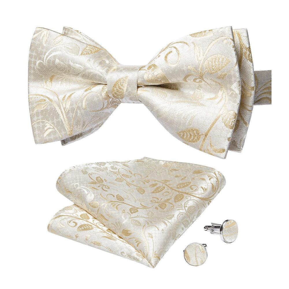 8867 Silk Bow Ties Beige Floral Pre-Tied Bowtie Pocket Square Cufflinks Set